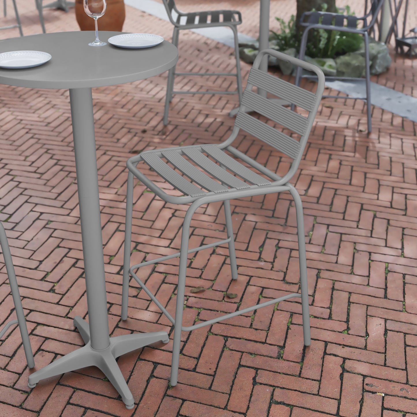 Lila Commercial Silver Metal Indoor-Outdoor Restaurant Bar Height Stool with Metal Triple Slat Back Silver