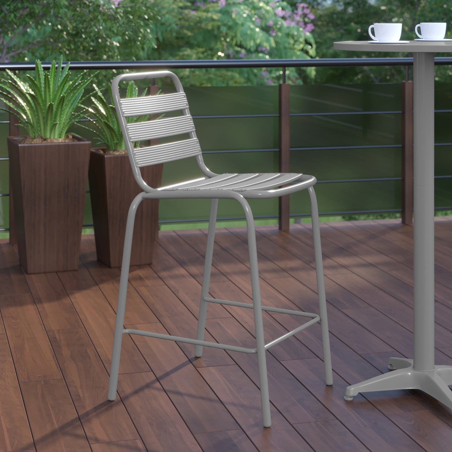 Lila Commercial Silver Metal Indoor-Outdoor Restaurant Bar Height Stool with Metal Triple Slat Back Silver