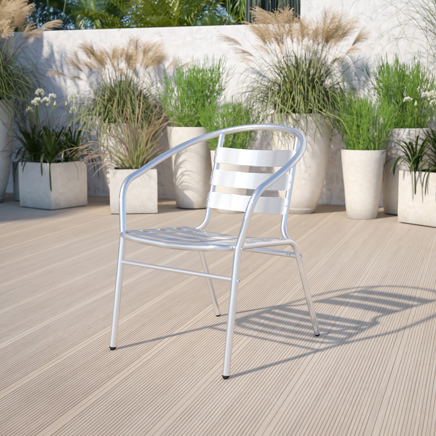 Lila Commercial Aluminum Indoor-Outdoor Restaurant Stack Chair with Triple Slat Back and Arms Aluminum