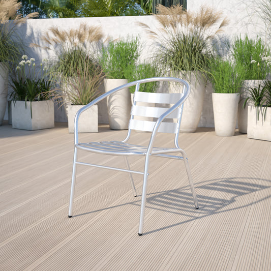 Lila Commercial Aluminum Indoor-Outdoor Restaurant Stack Chair with Triple Slat Back and Arms Aluminum
