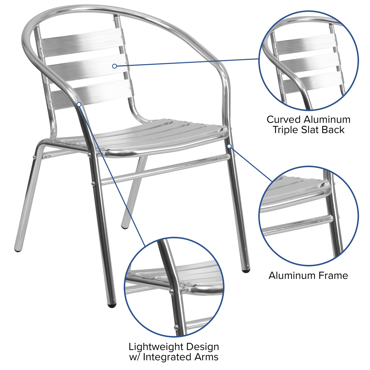 Lila Commercial Aluminum Indoor-Outdoor Restaurant Stack Chair with Triple Slat Back and Arms Aluminum