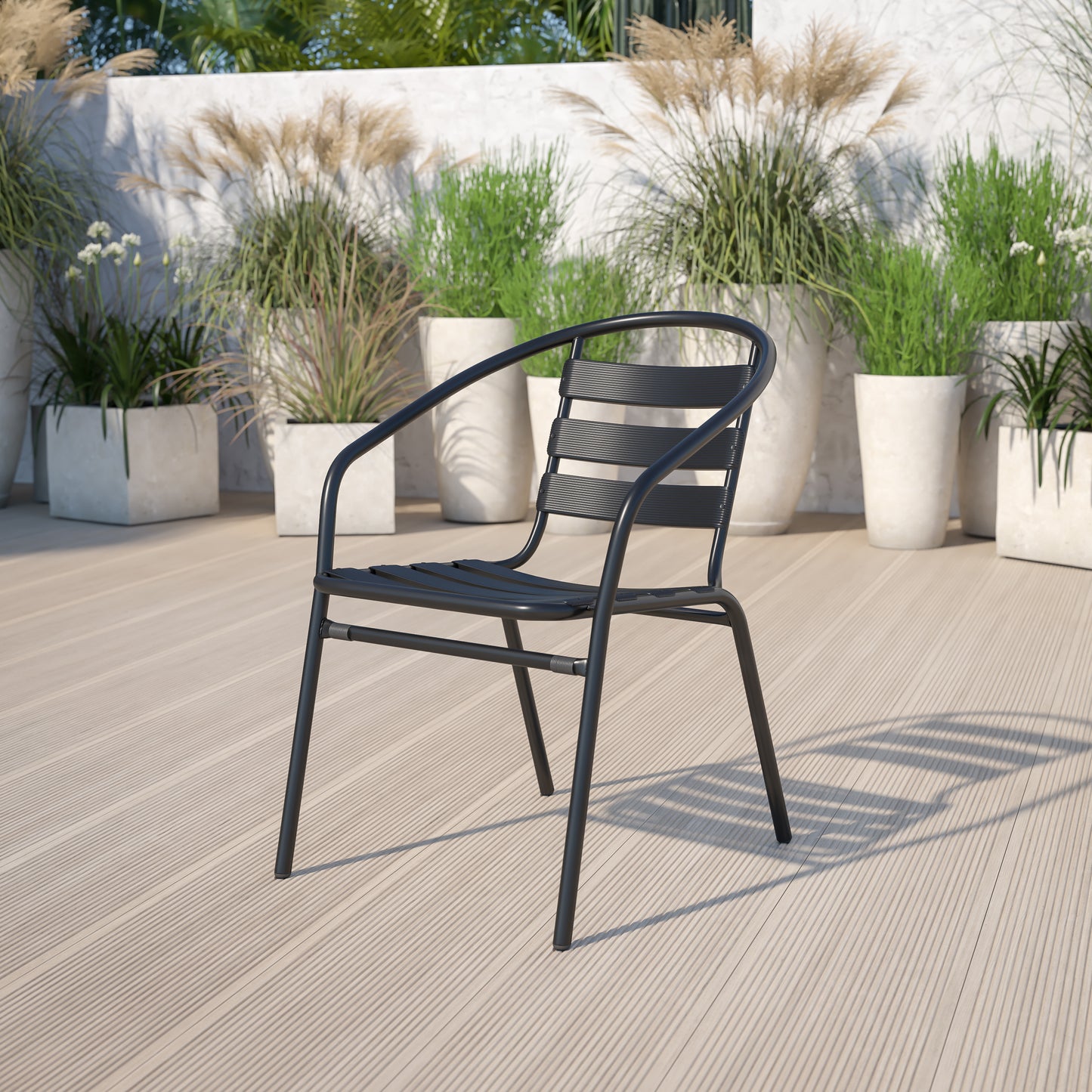 Lila Black Metal Restaurant Stack Chair with Aluminum Slats Black
