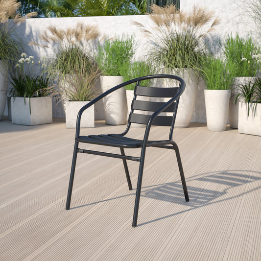 Lila Black Metal Restaurant Stack Chair with Aluminum Slats Black
