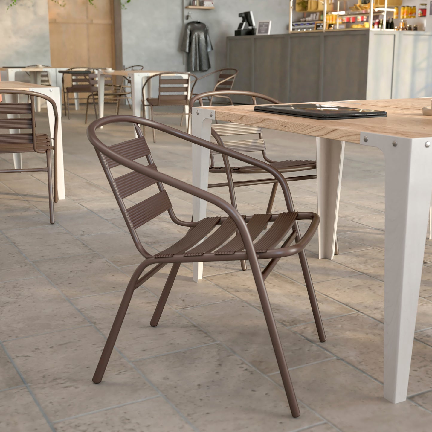 Lila Bronze Metal Restaurant Stack Chair with Metal Slats Bronze TLH-017C-BZ-GG