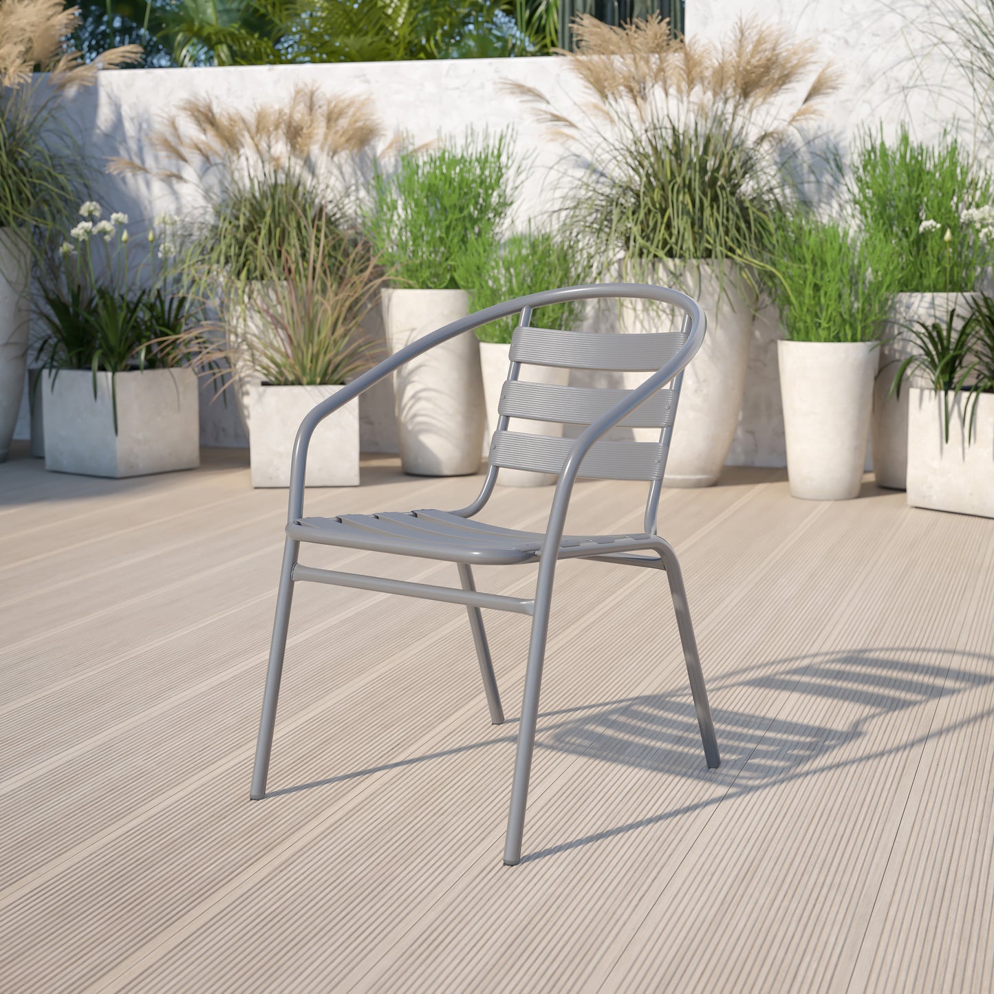 Lila Silver Metal Restaurant Stack Chair with Aluminum Slats Silver TLH-017C-GG