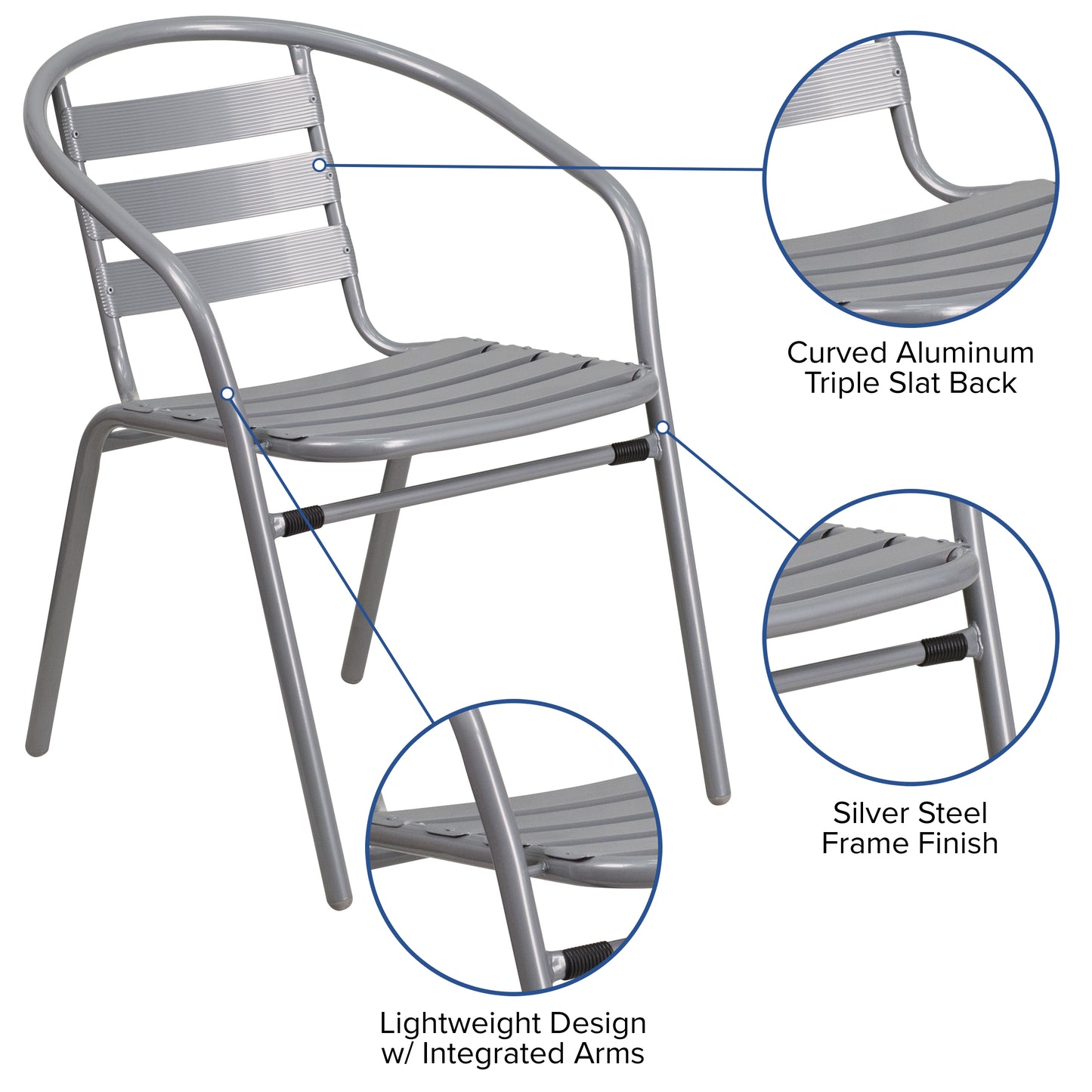 Lila Silver Metal Restaurant Stack Chair with Aluminum Slats Silver TLH-017C-GG