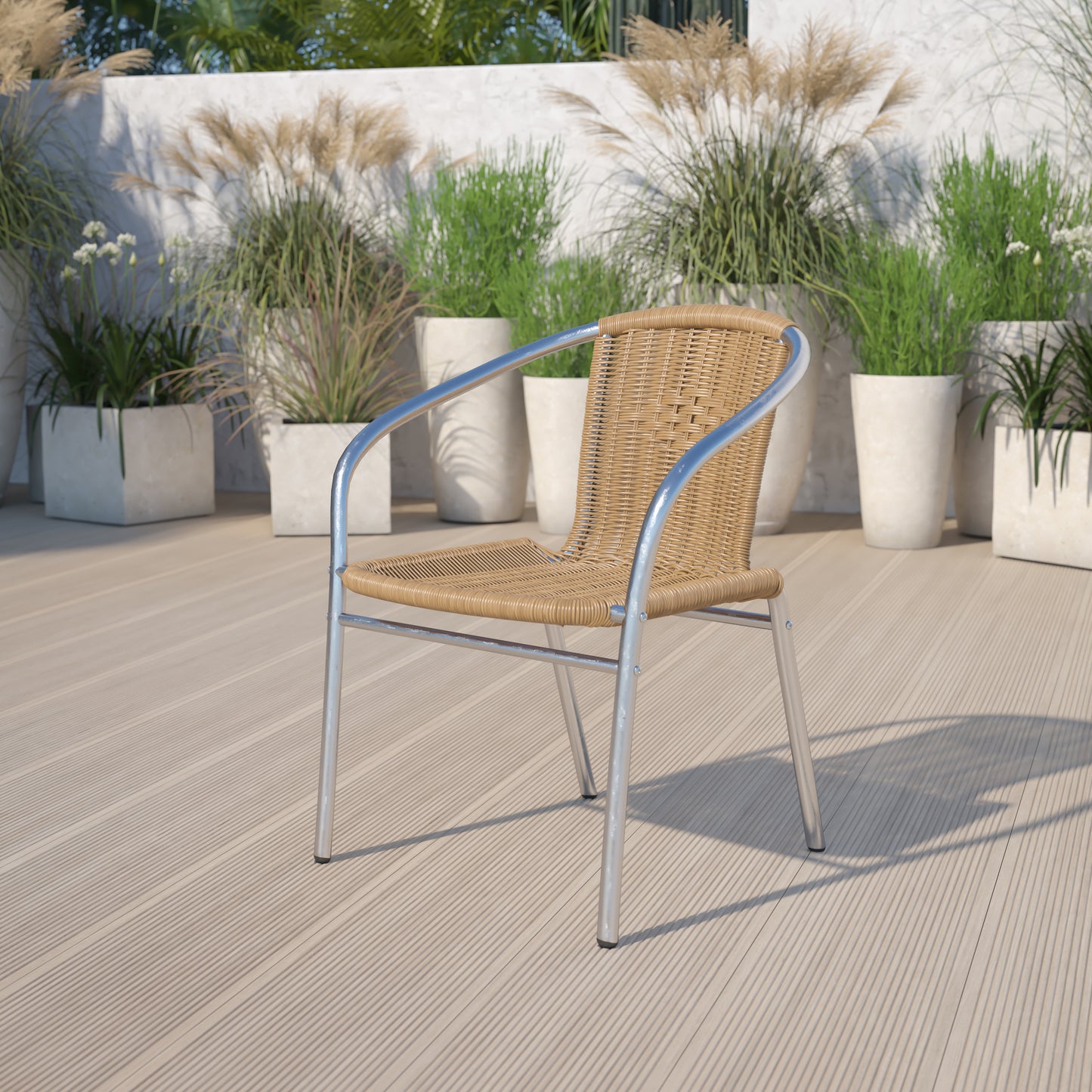 Lila Commercial Aluminum and Beige Rattan Indoor-Outdoor Restaurant Stack Chair Aluminum and Beige