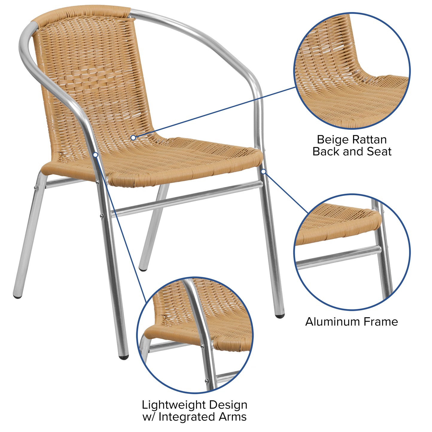 Lila Commercial Aluminum and Beige Rattan Indoor-Outdoor Restaurant Stack Chair Aluminum and Beige