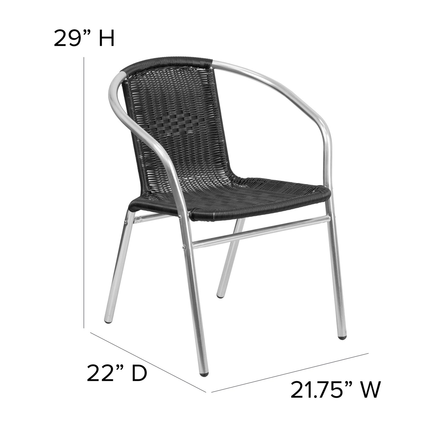 Lila Commercial Aluminum and Black Rattan Indoor-Outdoor Restaurant Stack Chair Aluminum and Black