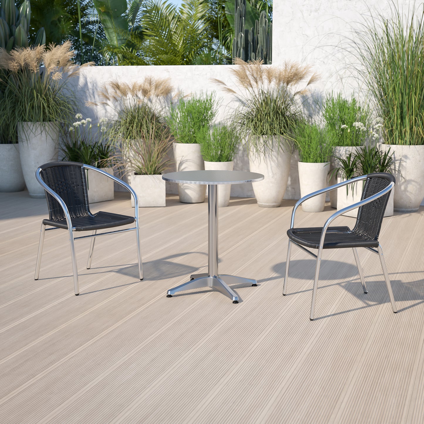 Lila Commercial Aluminum and Black Rattan Indoor-Outdoor Restaurant Stack Chair Aluminum and Black
