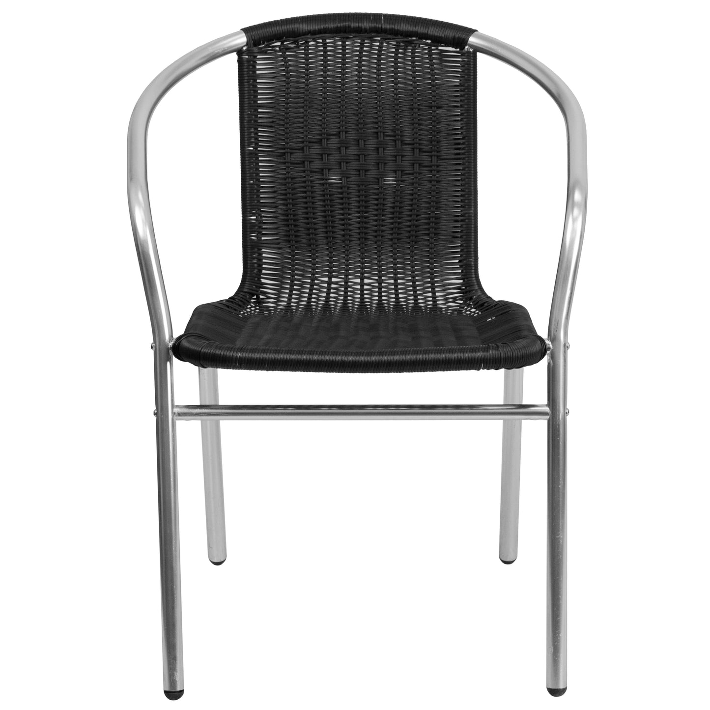 Lila Commercial Aluminum and Black Rattan Indoor-Outdoor Restaurant Stack Chair Aluminum and Black