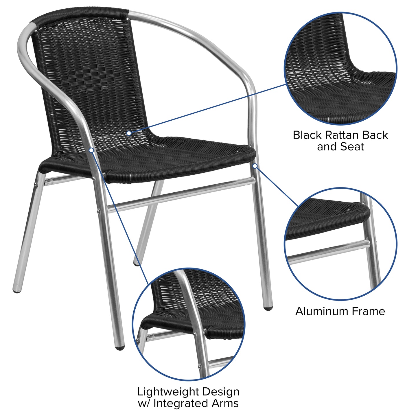 Lila Commercial Aluminum and Black Rattan Indoor-Outdoor Restaurant Stack Chair Aluminum and Black
