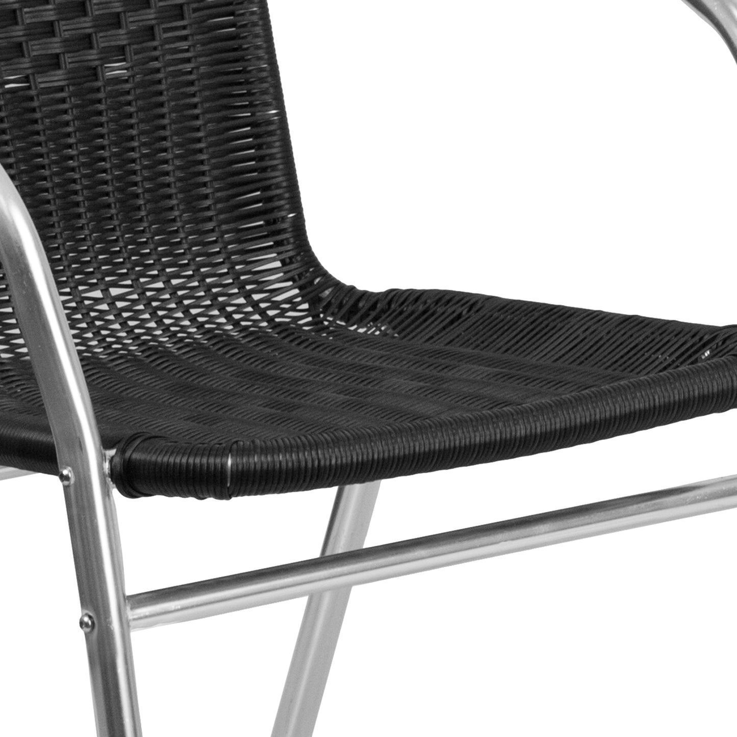 Lila Commercial Aluminum and Black Rattan Indoor-Outdoor Restaurant Stack Chair Aluminum and Black