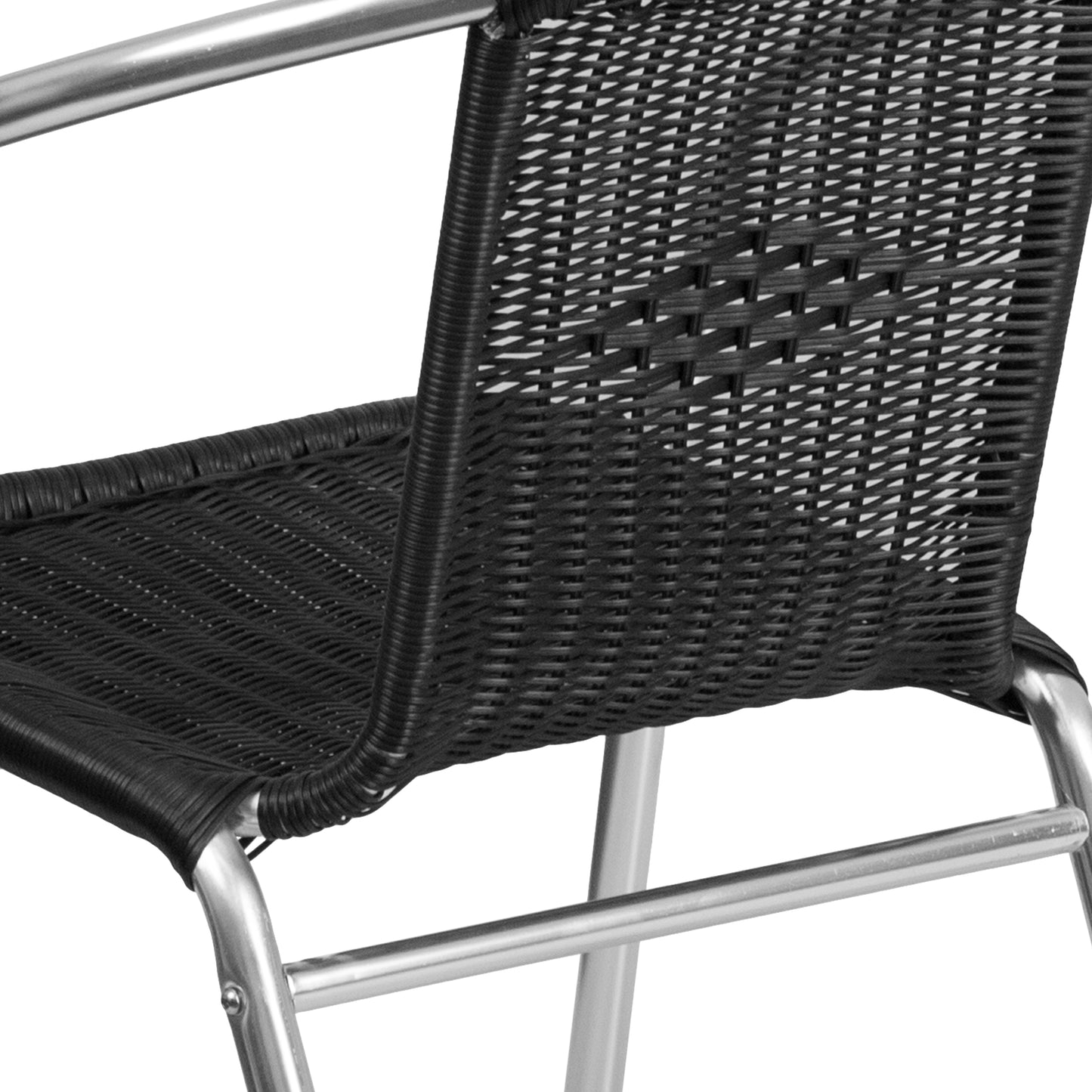 Lila Commercial Aluminum and Black Rattan Indoor-Outdoor Restaurant Stack Chair Aluminum and Black