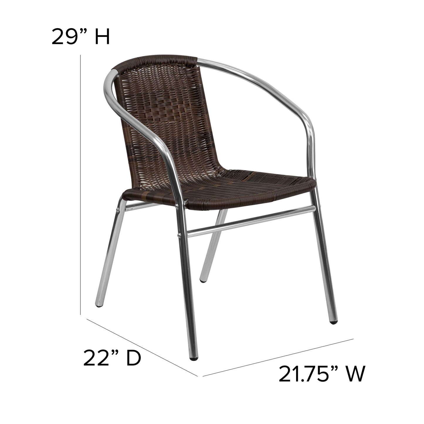 Lila Commercial Aluminum and Dark Brown Rattan Indoor-Outdoor Restaurant Stack Chair Aluminum and Dark Brown