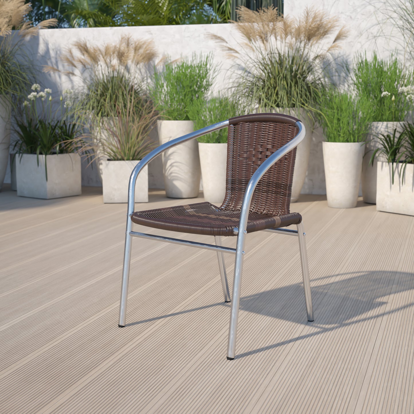 Lila Commercial Aluminum and Dark Brown Rattan Indoor-Outdoor Restaurant Stack Chair Aluminum and Dark Brown