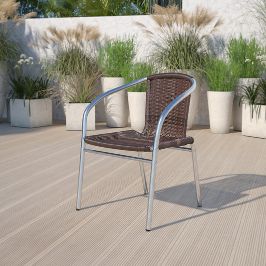 Lila Commercial Aluminum and Dark Brown Rattan Indoor-Outdoor Restaurant Stack Chair Aluminum and Dark Brown