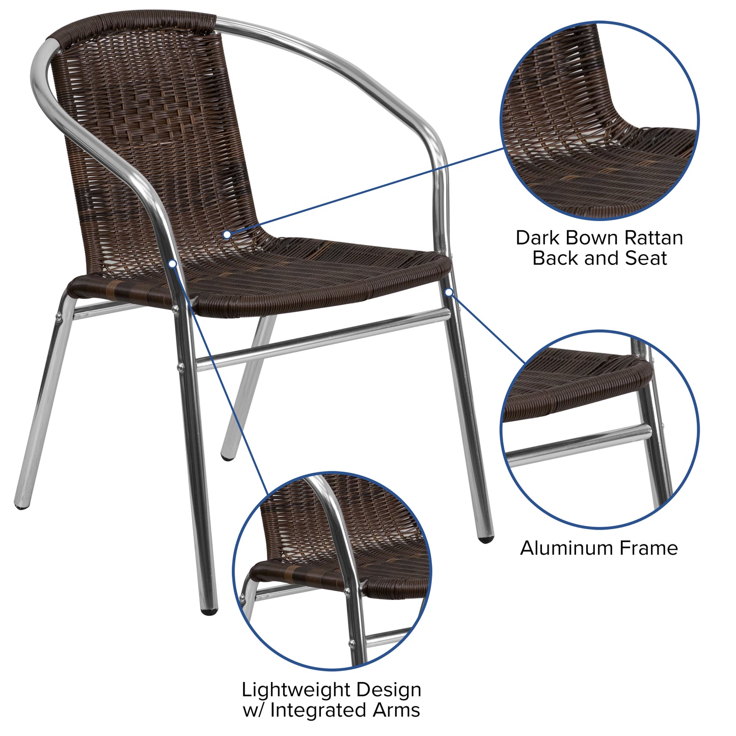 Lila Commercial Aluminum and Dark Brown Rattan Indoor-Outdoor Restaurant Stack Chair Aluminum and Dark Brown