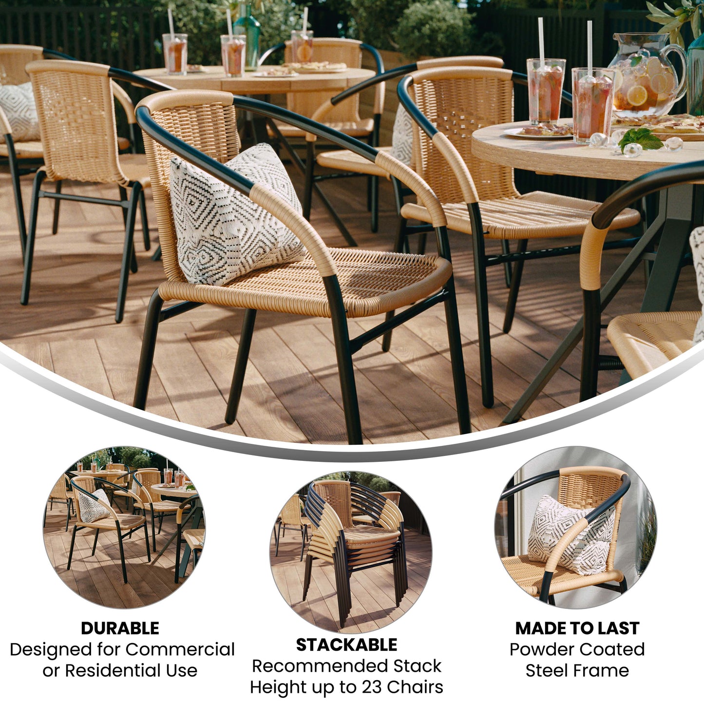 Lila Set of 2 Commercial Grade Beige Rattan Indoor-Outdoor Restaurant Stack Chairs Beige 2-TLH-037-BGE-GG