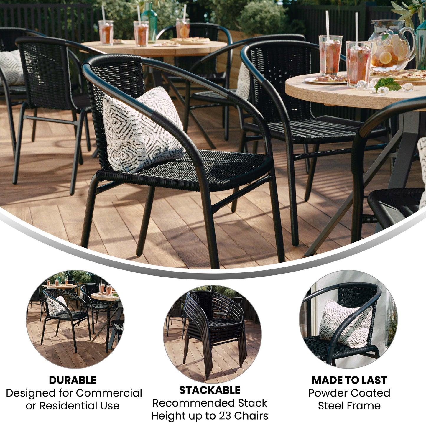 Lila Set of 2 Commercial Grade Black Rattan Indoor-Outdoor Restaurant Stack Chairs Black