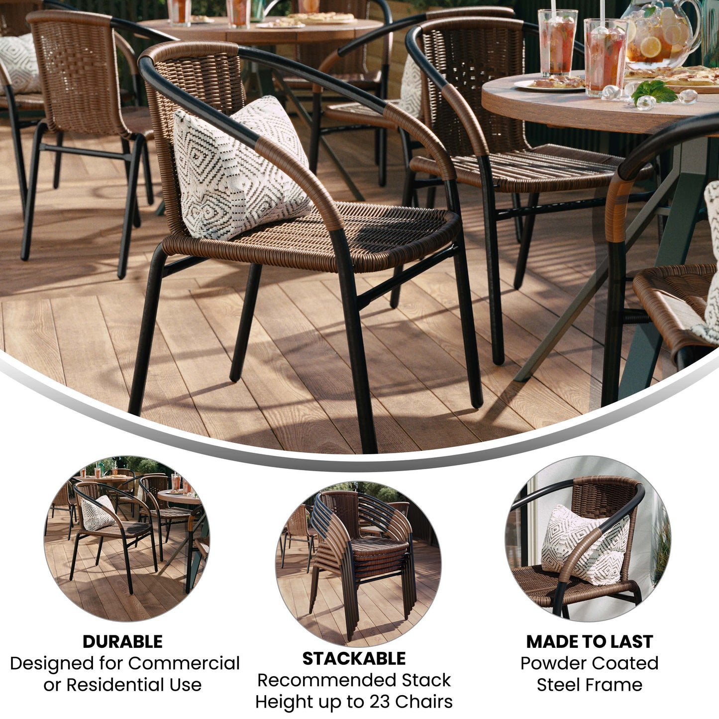 Lila Set of 2 Commercial Grade Medium Brown Rattan Indoor-Outdoor Restaurant Stack Chairs Medium Brown