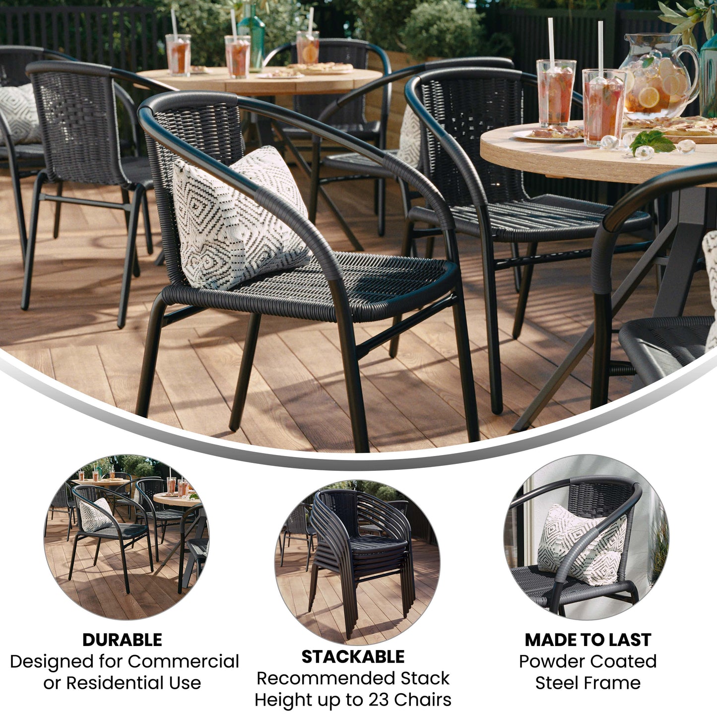 Lila Set of 2 Commercial Grade Gray Rattan Indoor-Outdoor Restaurant Stack Chairs Gray 2-TLH-037-GY-GG