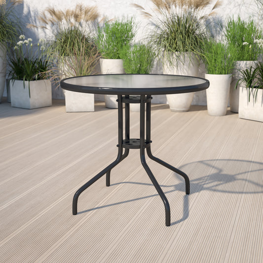 Bellamy 31.5'' Round Tempered Glass Metal Table Clear Top/Black Frame