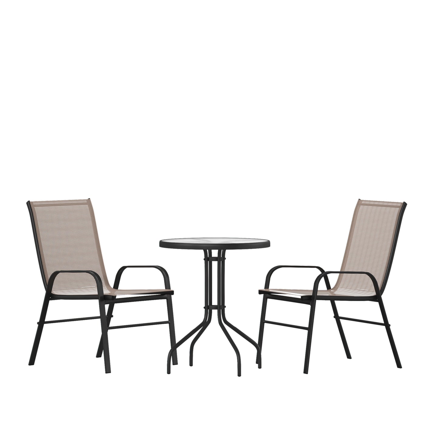 Brazos 3 Piece Outdoor Patio Dining Set - 23.75" Round Tempered Glass Patio Table, 2 Brown Flex Comfort Stack Chairs Brown