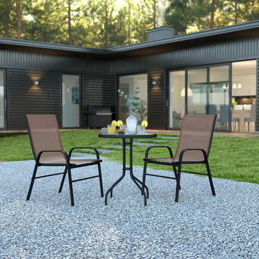 Brazos 3 Piece Outdoor Patio Dining Set - 23.75" Round Tempered Glass Patio Table, 2 Brown Flex Comfort Stack Chairs Brown TLH-0701303C-BN-GG