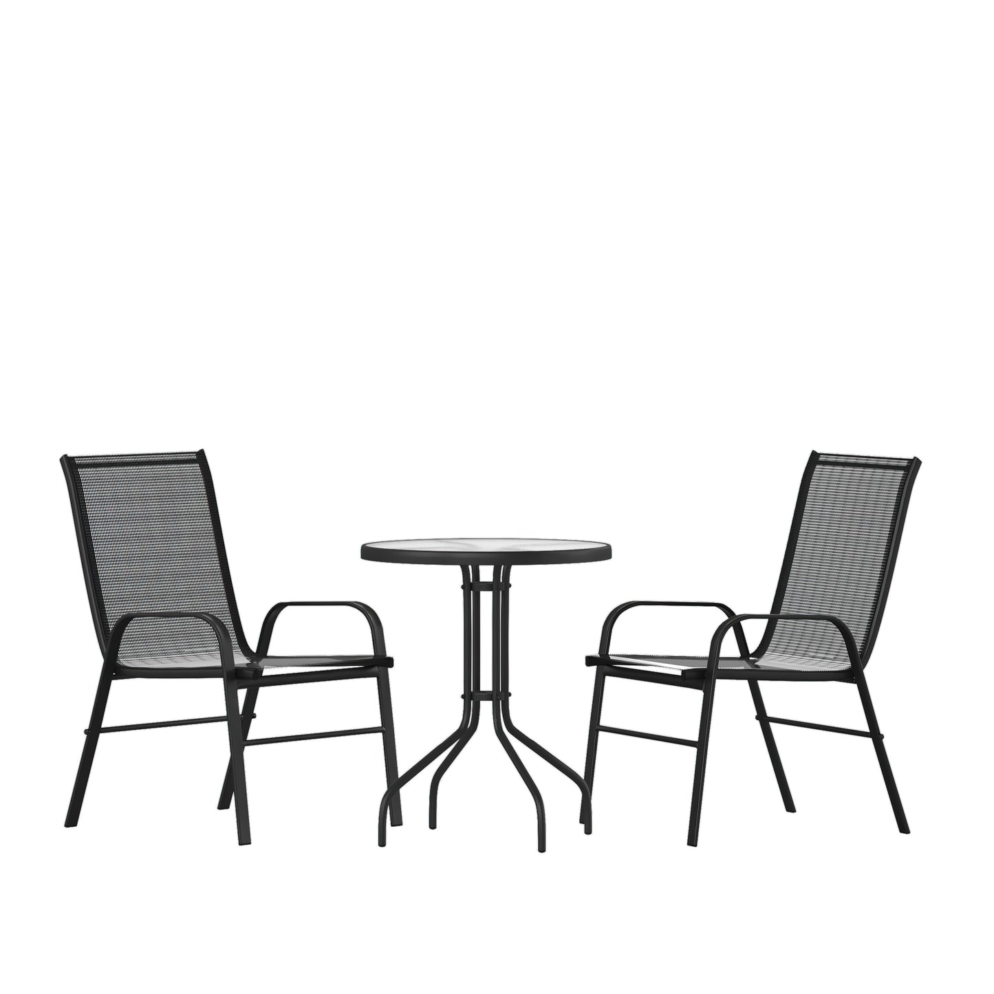 Brazos 3 Piece Outdoor Patio Dining Set - 23.75" Round Tempered Glass Patio Table, 2 Black Flex Comfort Stack Chairs Black