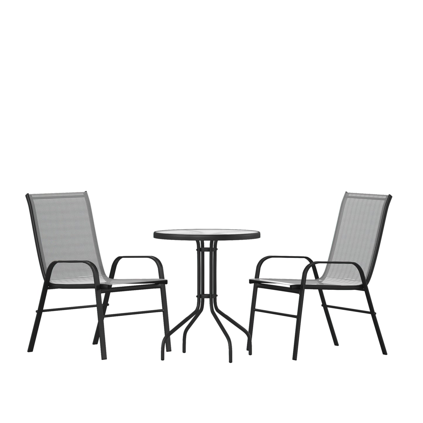 Brazos 3 Piece Outdoor Patio Dining Set - 23.75" Round Tempered Glass Patio Table, 2 Gray Flex Comfort Stack Chairs Gray