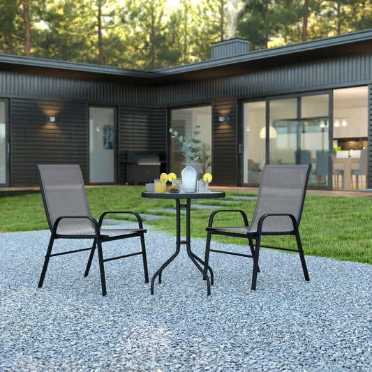 Brazos 3 Piece Outdoor Patio Dining Set - 23.75" Round Tempered Glass Patio Table, 2 Gray Flex Comfort Stack Chairs Gray TLH-0701303C-GY-GG
