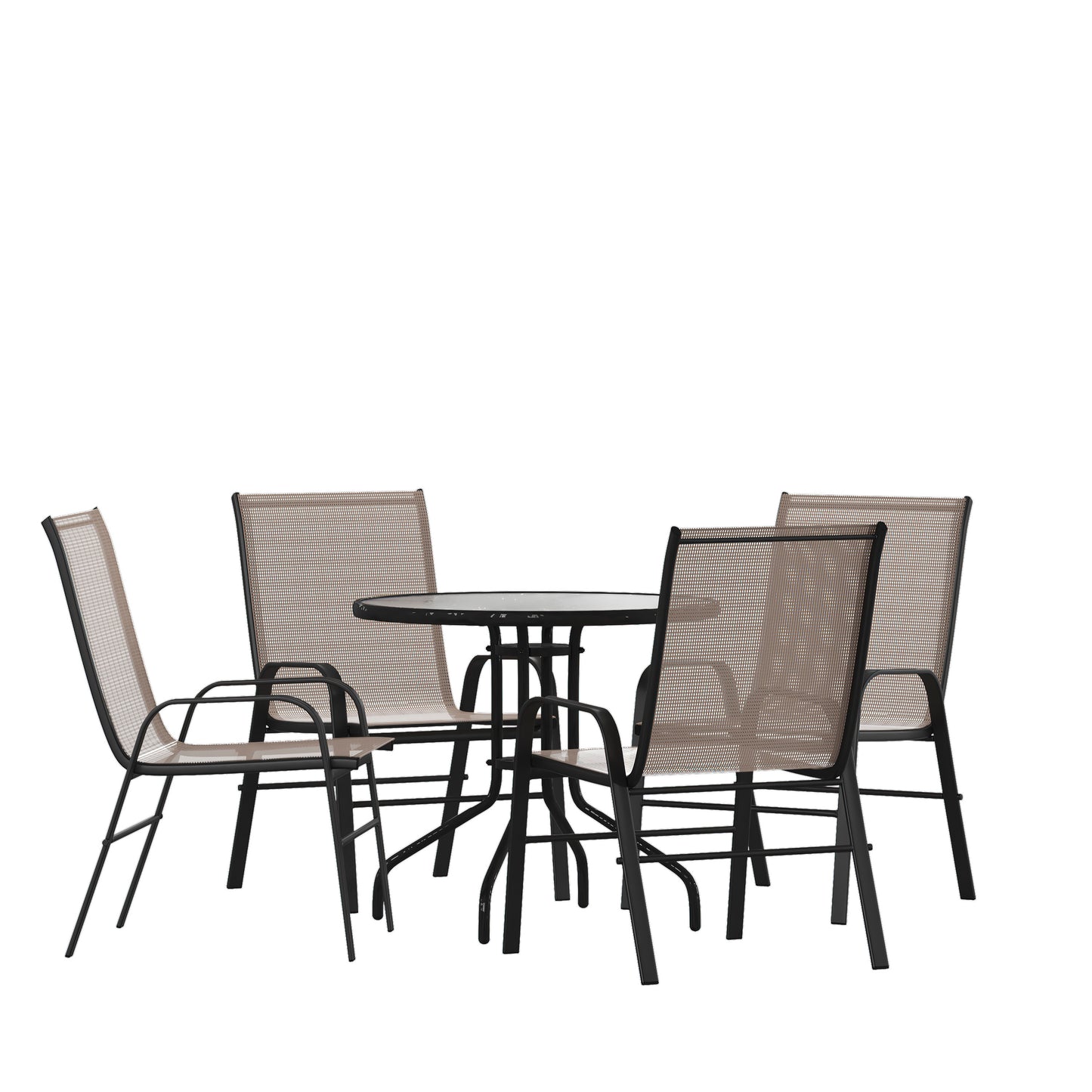 Brazos 5 Piece Outdoor Patio Dining Set - 31.5" Round Tempered Glass Patio Table, 4 Brown Flex Comfort Stack Chairs Brown