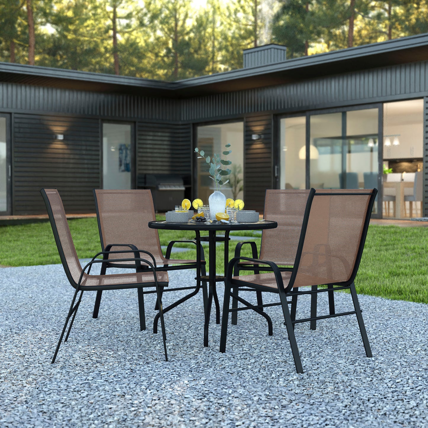 Brazos 5 Piece Outdoor Patio Dining Set - 31.5" Round Tempered Glass Patio Table, 4 Brown Flex Comfort Stack Chairs Brown