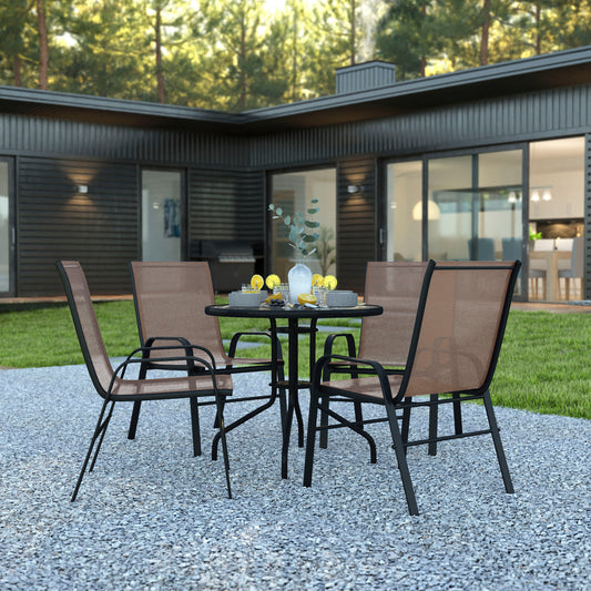 Brazos 5 Piece Outdoor Patio Dining Set - 31.5" Round Tempered Glass Patio Table, 4 Brown Flex Comfort Stack Chairs Brown TLH-0702303C-BN-GG