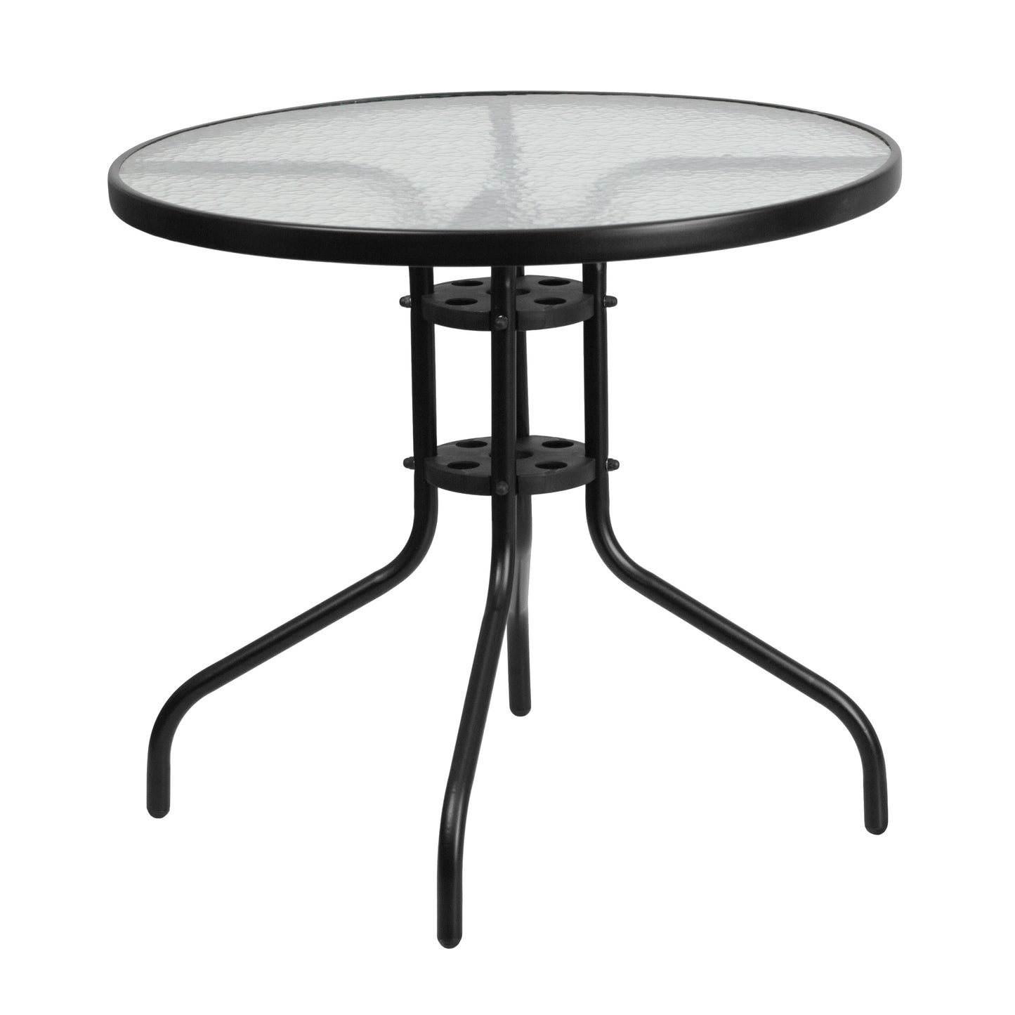 Brazos 5 Piece Outdoor Patio Dining Set - 31.5" Round Tempered Glass Patio Table, 4 Brown Flex Comfort Stack Chairs Brown