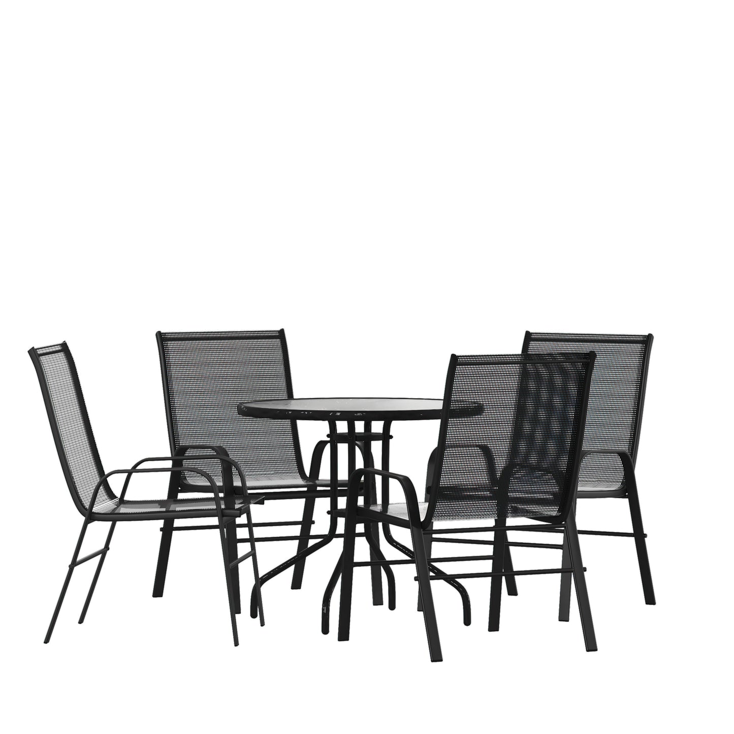 Brazos 5 Piece Outdoor Patio Dining Set - 31.5" Round Tempered Glass Patio Table, 4 Black Flex Comfort Stack Chairs Black
