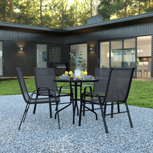 Brazos 5 Piece Outdoor Patio Dining Set - 31.5" Round Tempered Glass Patio Table, 4 Black Flex Comfort Stack Chairs Black TLH-0702303C-GG