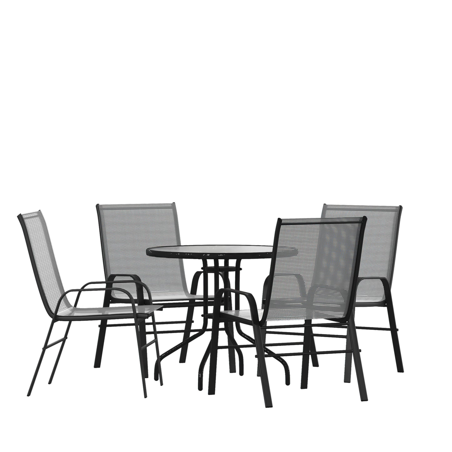 Brazos 5 Piece Outdoor Patio Dining Set - 31.5" Round Tempered Glass Patio Table, 4 Gray Flex Comfort Stack Chairs Gray