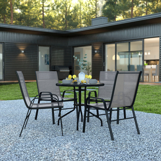 Brazos 5 Piece Outdoor Patio Dining Set - 31.5" Round Tempered Glass Patio Table, 4 Gray Flex Comfort Stack Chairs Gray TLH-0702303C-GY-GG