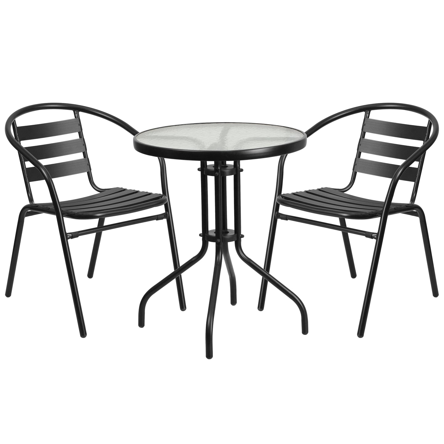 Lila 23.75'' Round Glass Metal Table with 2 Black Metal Aluminum Slat Stack Chairs Black