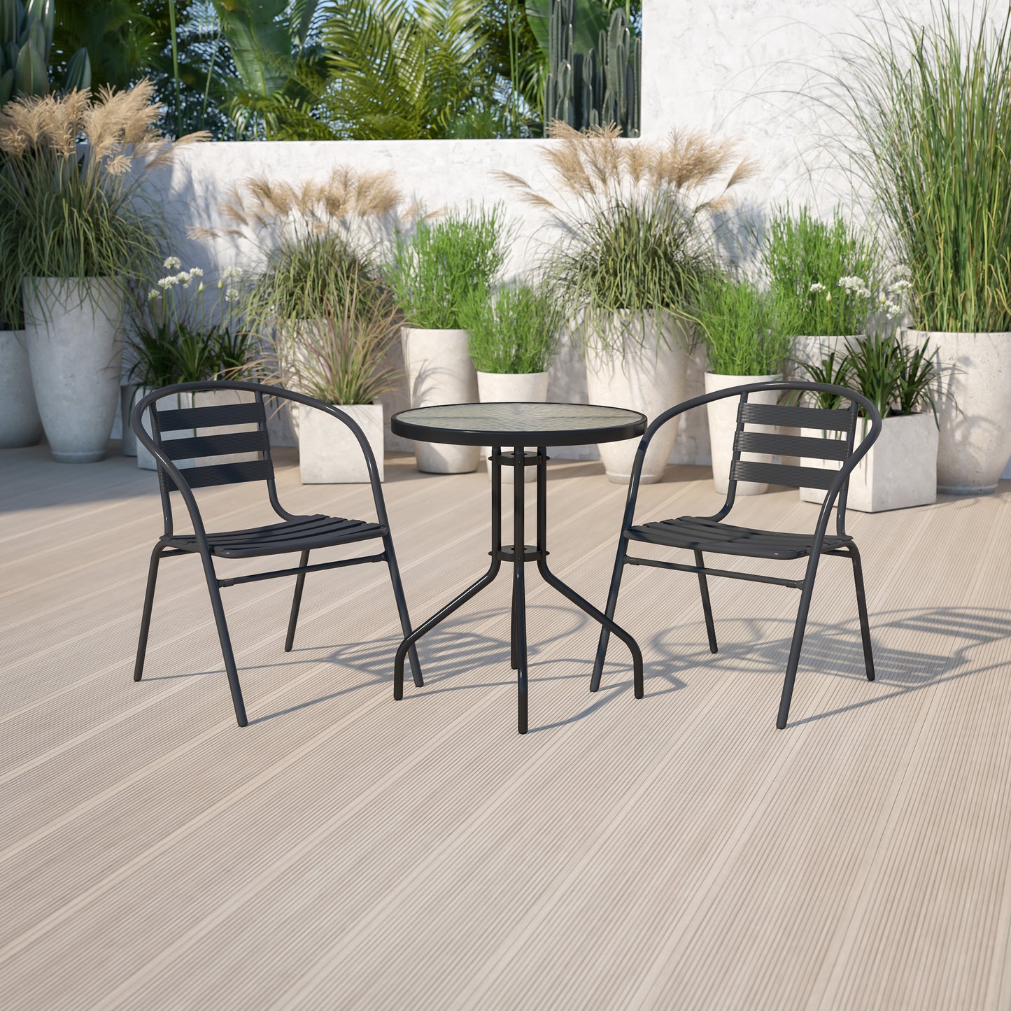 Lila 23.75'' Round Glass Metal Table with 2 Black Metal Aluminum Slat Stack Chairs Black