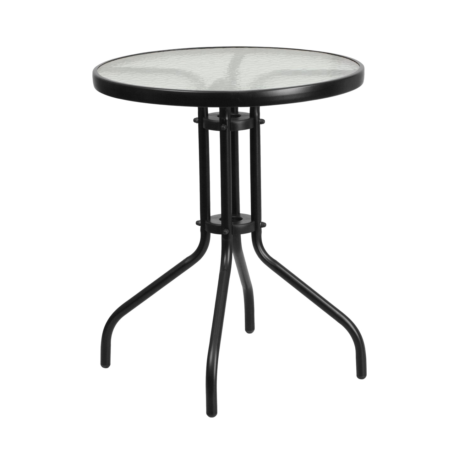 Lila 23.75'' Round Glass Metal Table with 2 Black Metal Aluminum Slat Stack Chairs Black