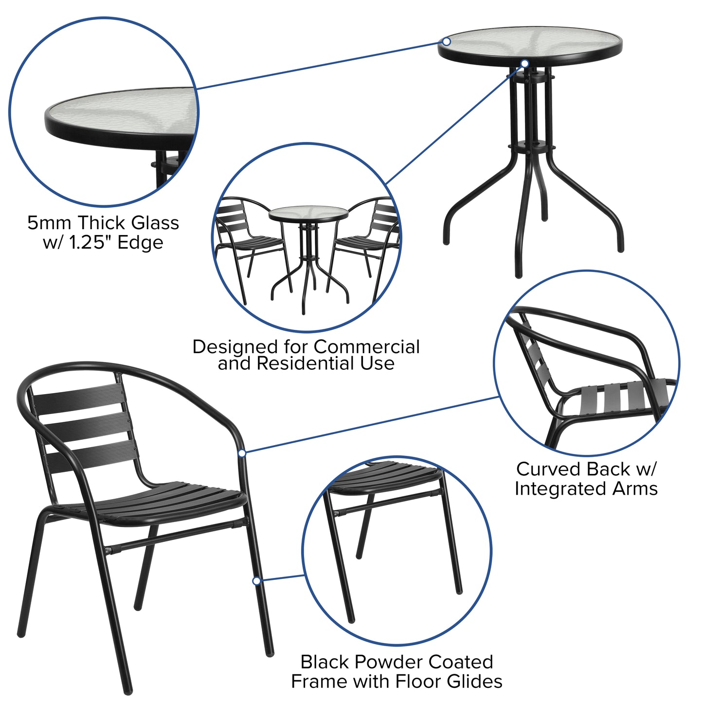 Lila 23.75'' Round Glass Metal Table with 2 Black Metal Aluminum Slat Stack Chairs Black
