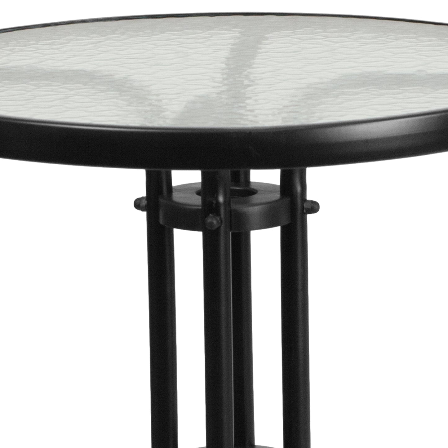 Lila 23.75'' Round Glass Metal Table with 2 Black Metal Aluminum Slat Stack Chairs Black