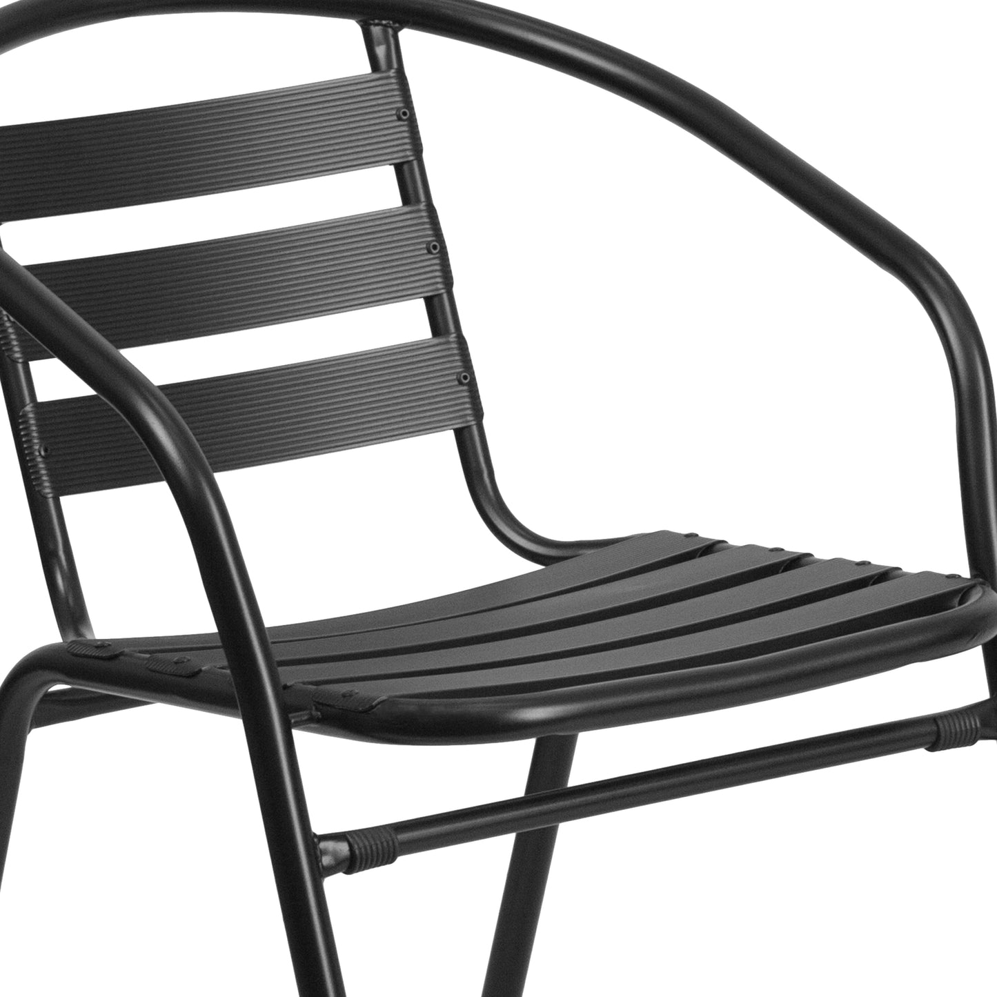 Lila 23.75'' Round Glass Metal Table with 2 Black Metal Aluminum Slat Stack Chairs Black