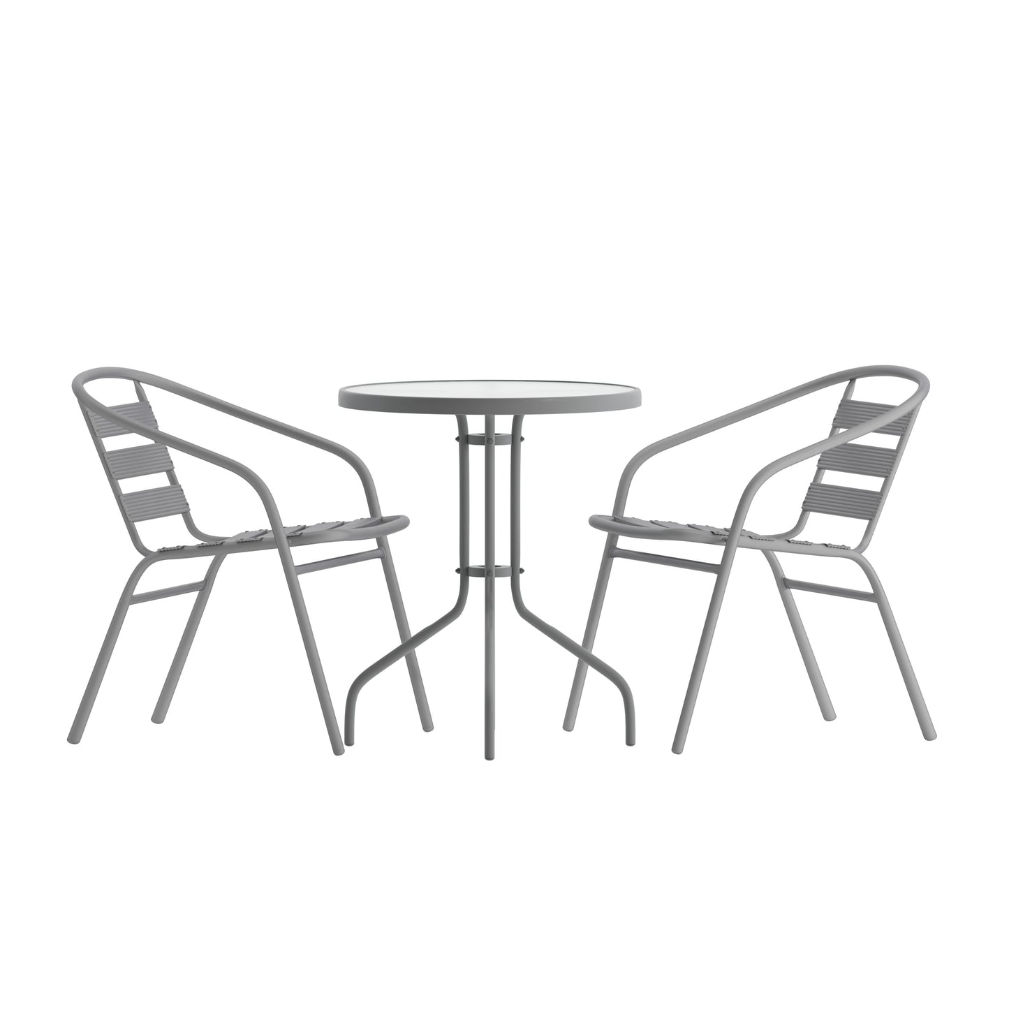 Lila 23.75'' Round Glass Top Metal Table with 2 Silver Aluminum Slat Stack Chairs Silver