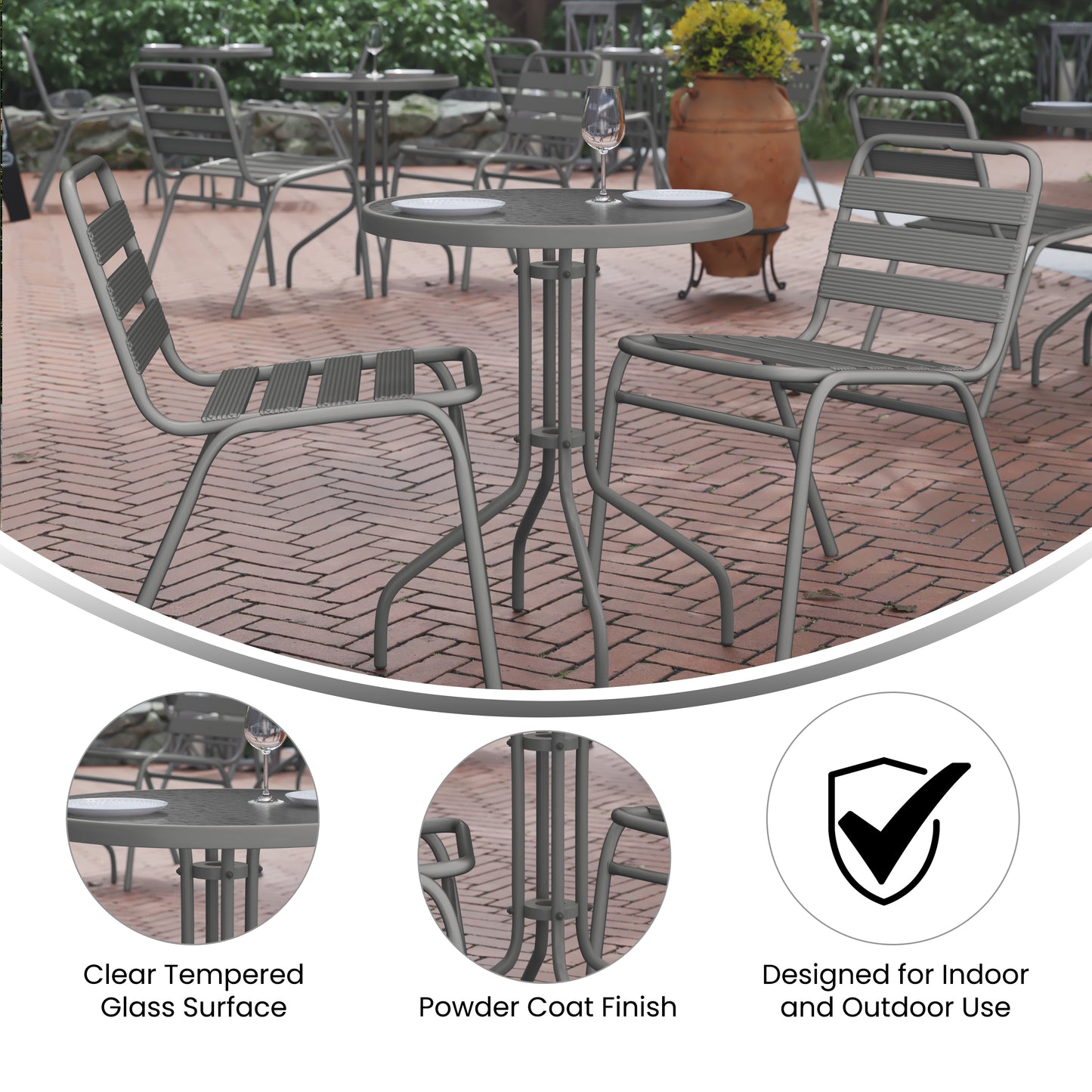 Lila 23.75'' Round Glass Top Metal Table with 2 Silver Aluminum Slat Stack Chairs Silver