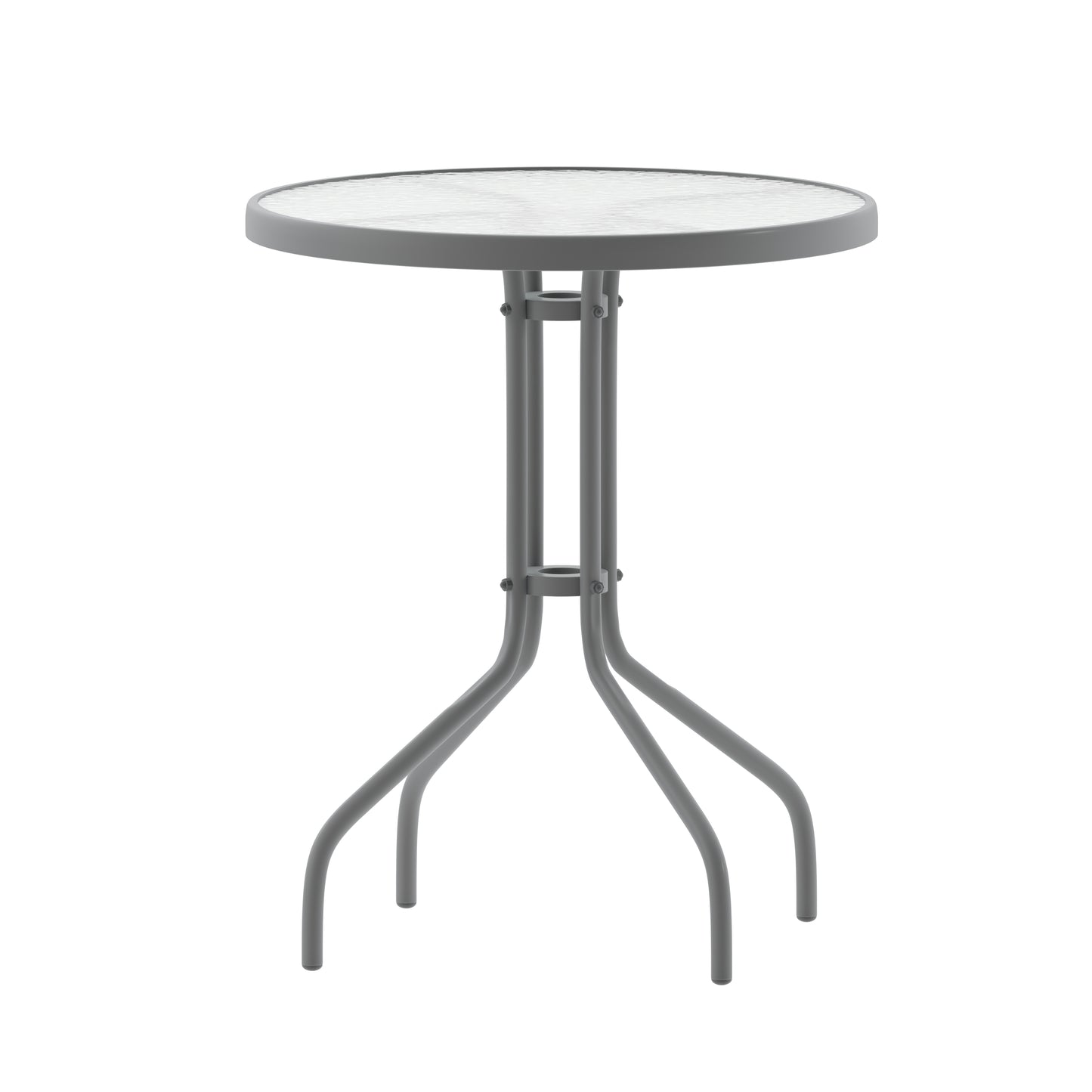Lila 23.75'' Round Glass Top Metal Table with 2 Silver Aluminum Slat Stack Chairs Silver