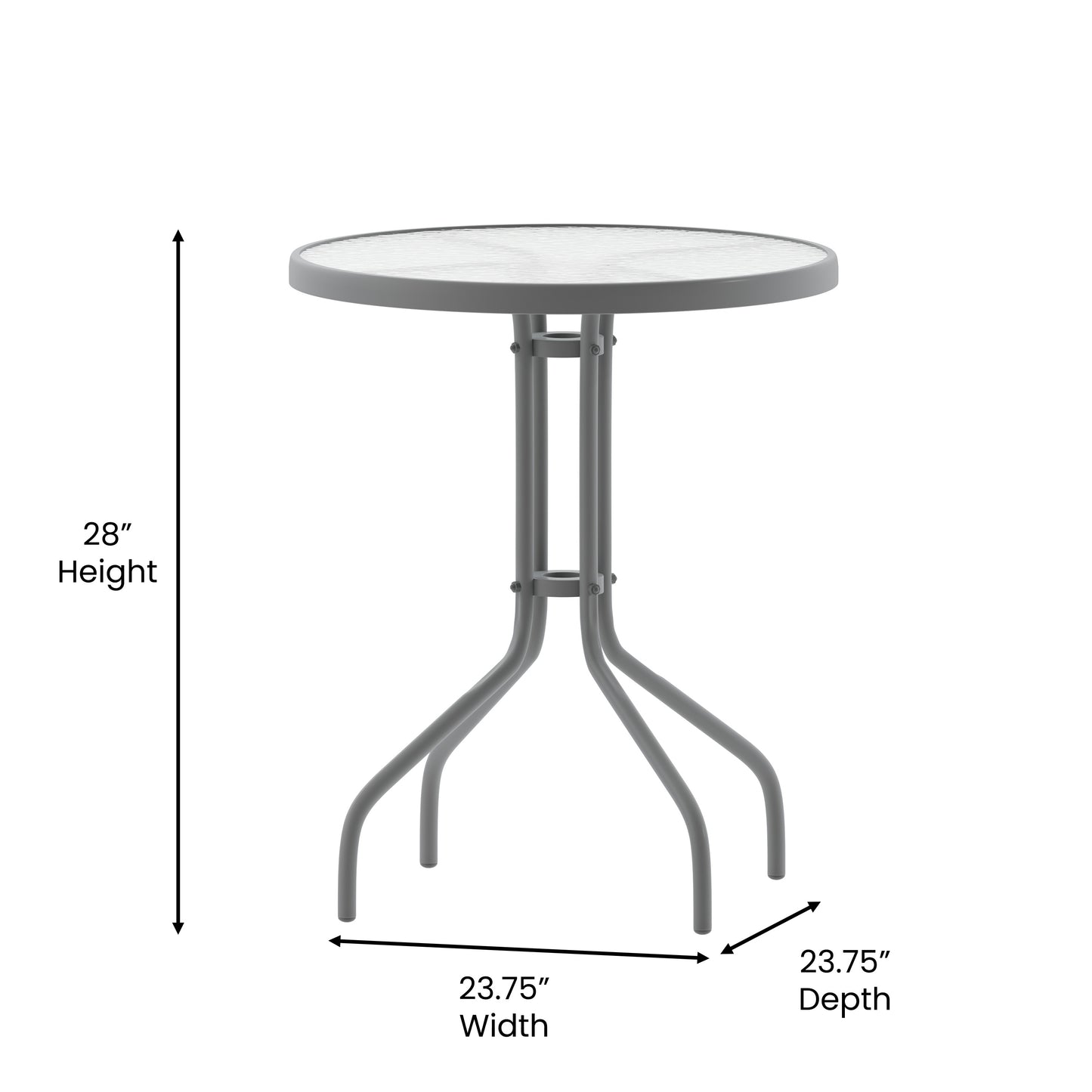 Lila 23.75'' Round Glass Top Metal Table with 2 Silver Aluminum Slat Stack Chairs Silver